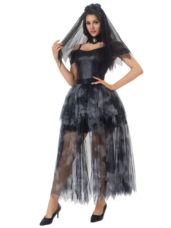 Schwarz 1970er Halloween Geisterbraut Tüll Kleid Set - Image 3