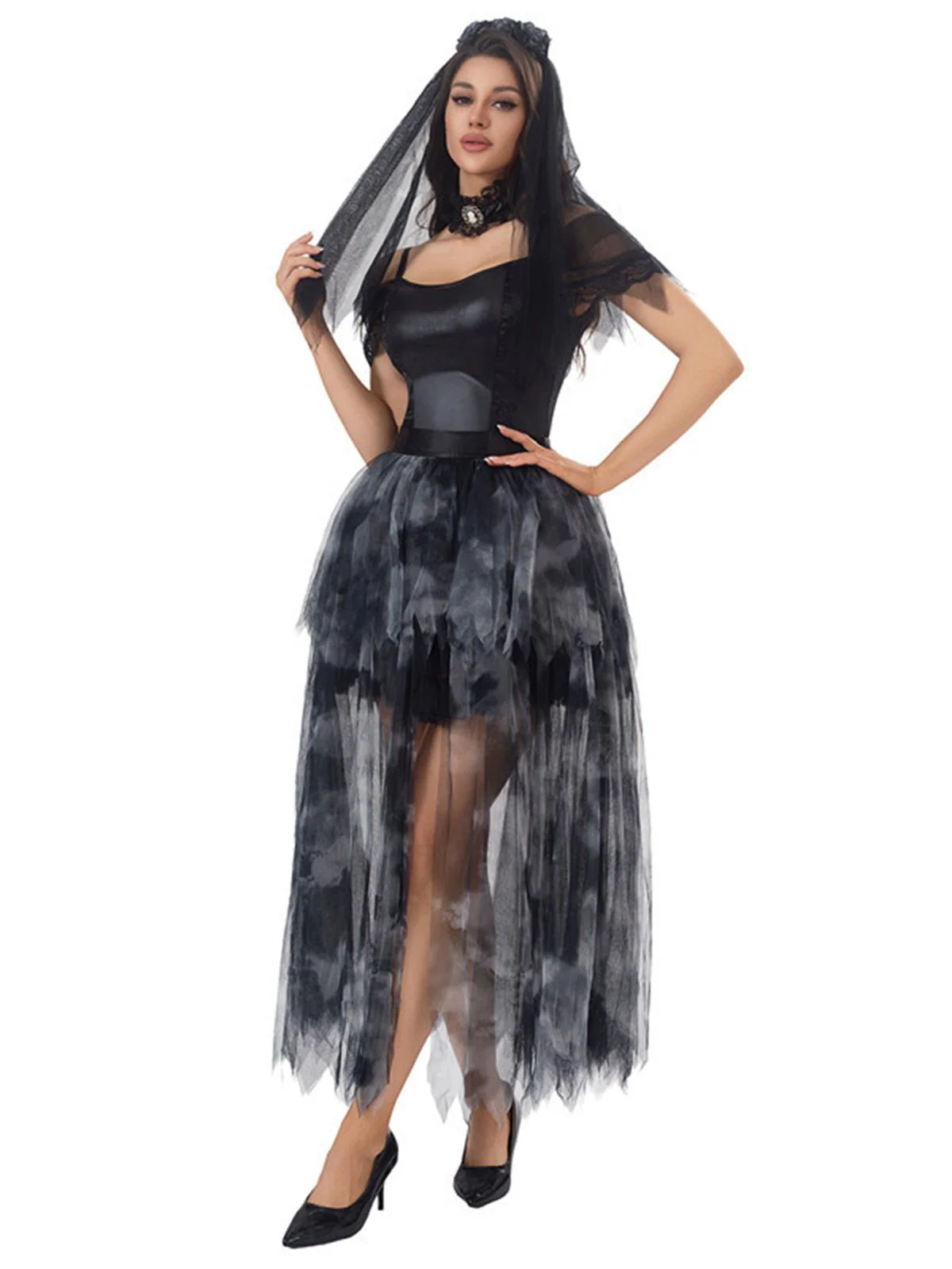 Schwarz 1970er Halloween Geisterbraut Tüll Kleid Set - Image 6
