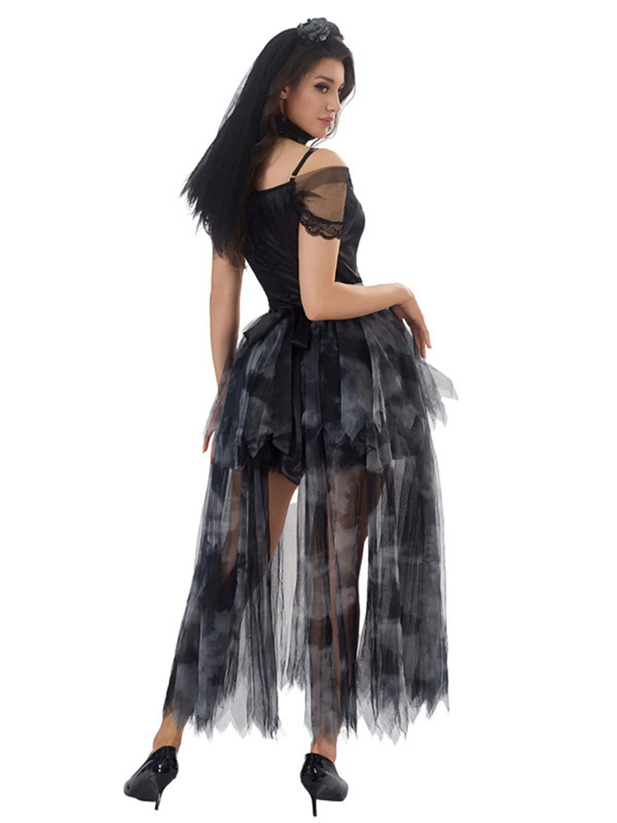 Schwarz 1970er Halloween Geisterbraut Tüll Kleid Set - Image 7
