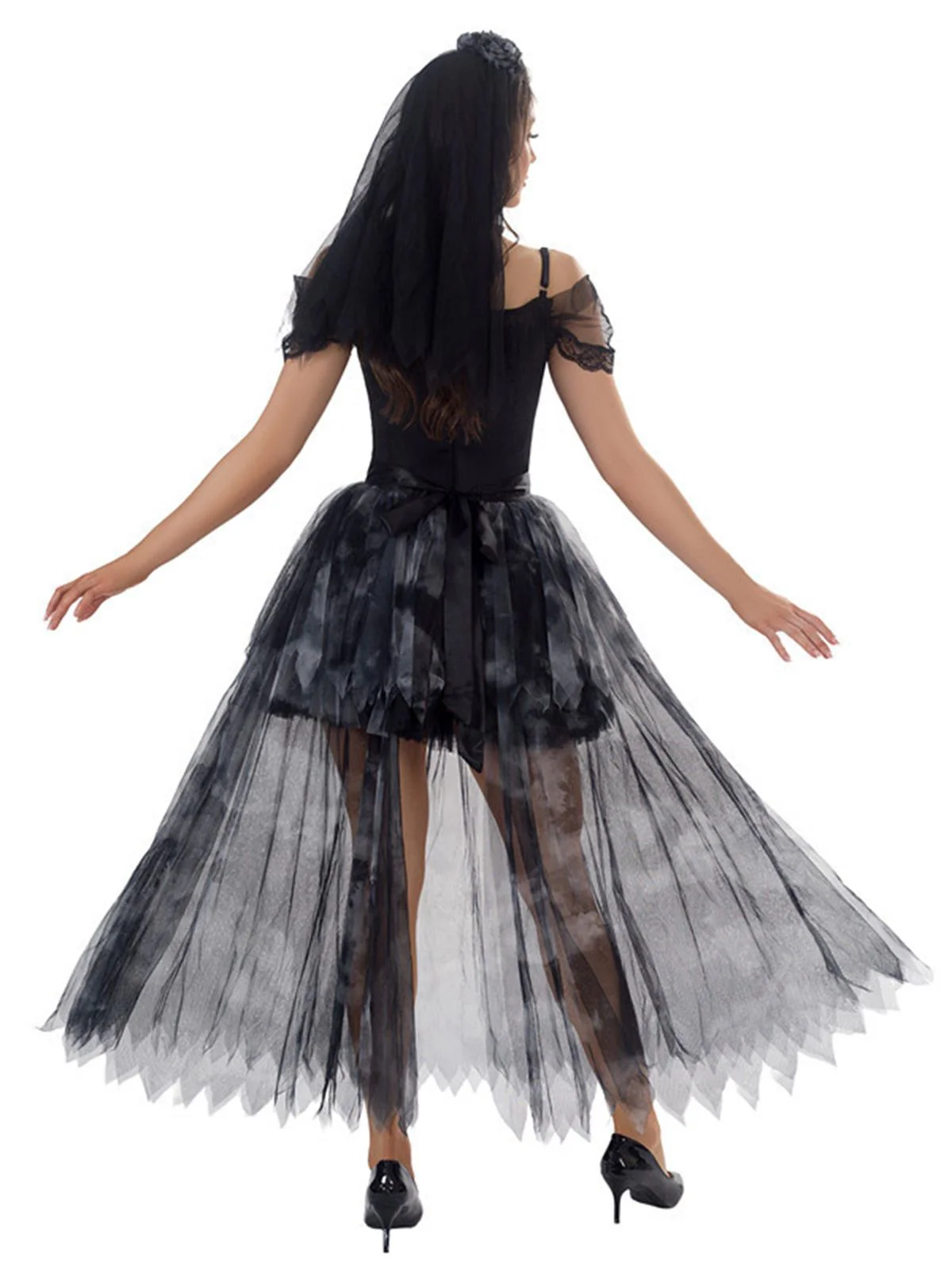 Schwarz 1970er Halloween Geisterbraut Tüll Kleid Set - Image 8