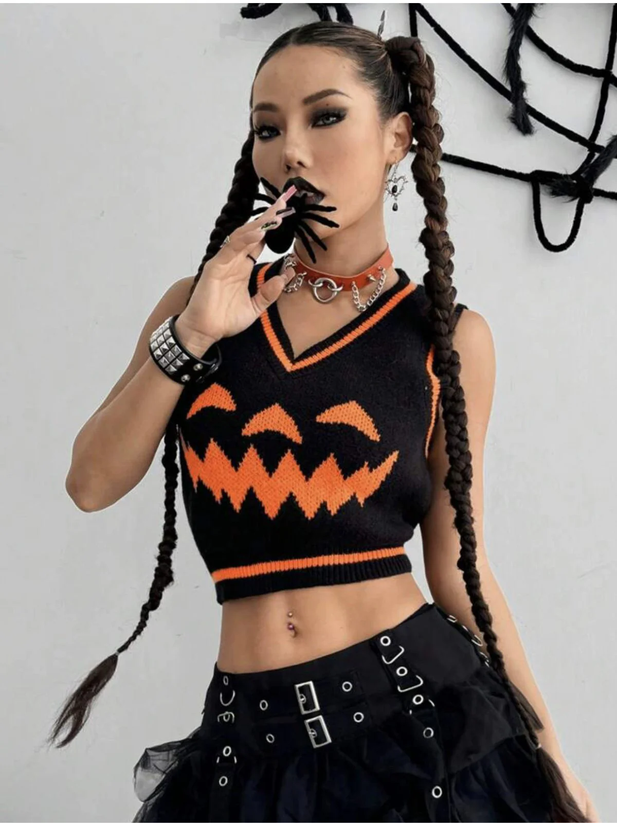 Schwarz 1970er Halloween Kürbis Gesicht Pullover Weste - Image 3