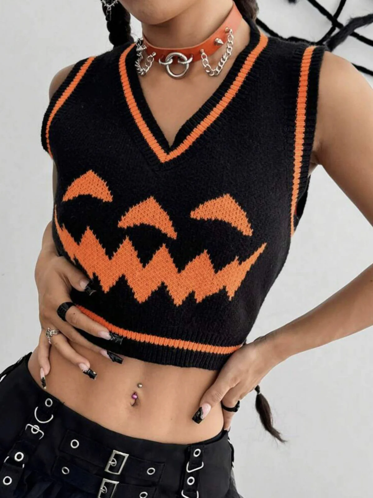 Schwarz 1970er Halloween Kürbis Gesicht Pullover Weste - Image 5