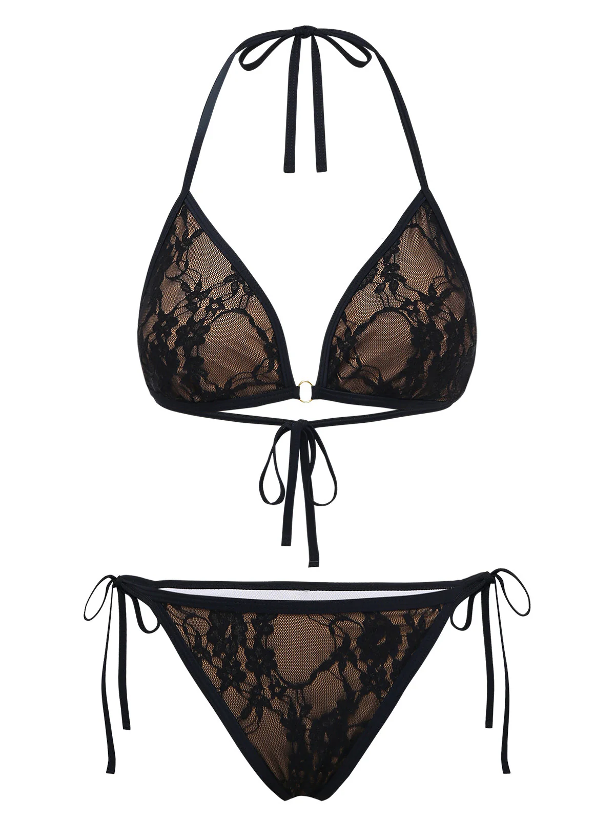 Schwarz 1970er Halter Blumen Spitze Bikini Set