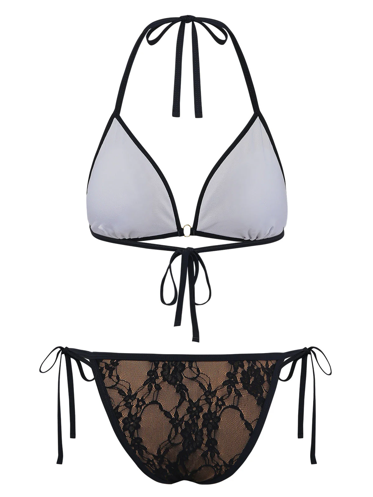 Schwarz 1970er Halter Blumen Spitze Bikini Set - Image 2