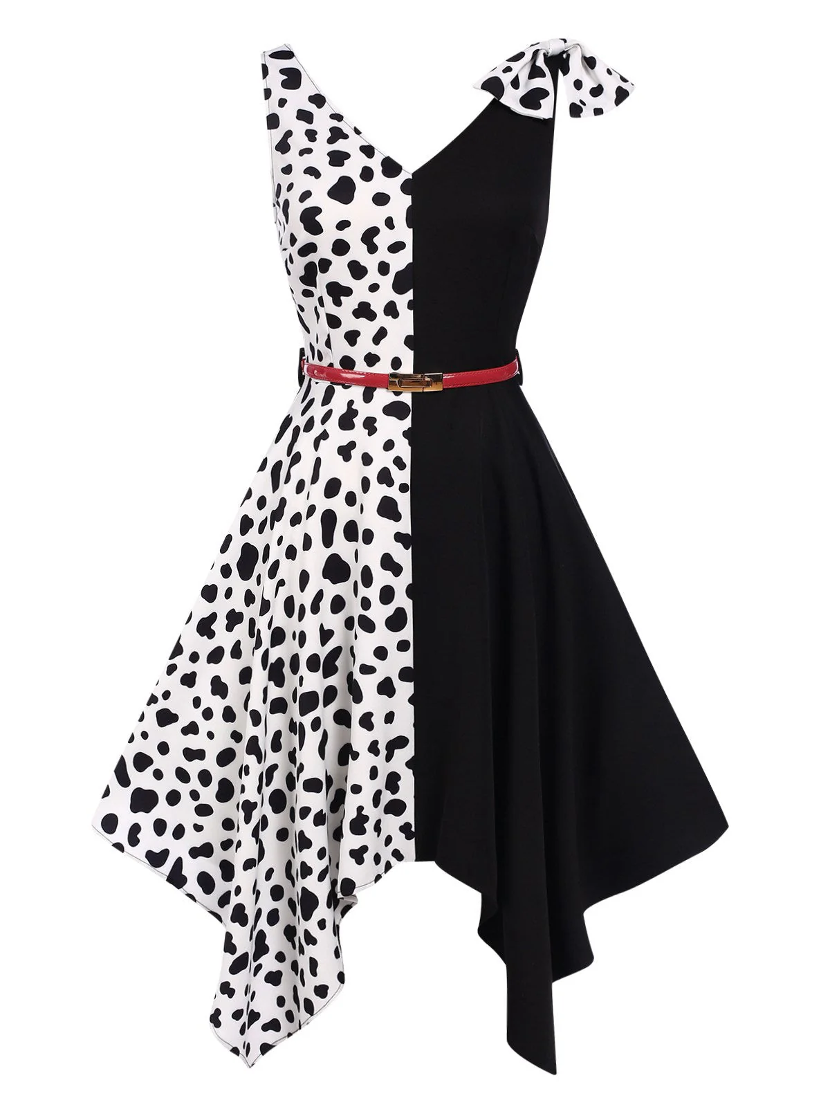 Schwarz 1970er Cruella de Vil Kostüm Kuhflecken Patchwork Kleid - Image 2