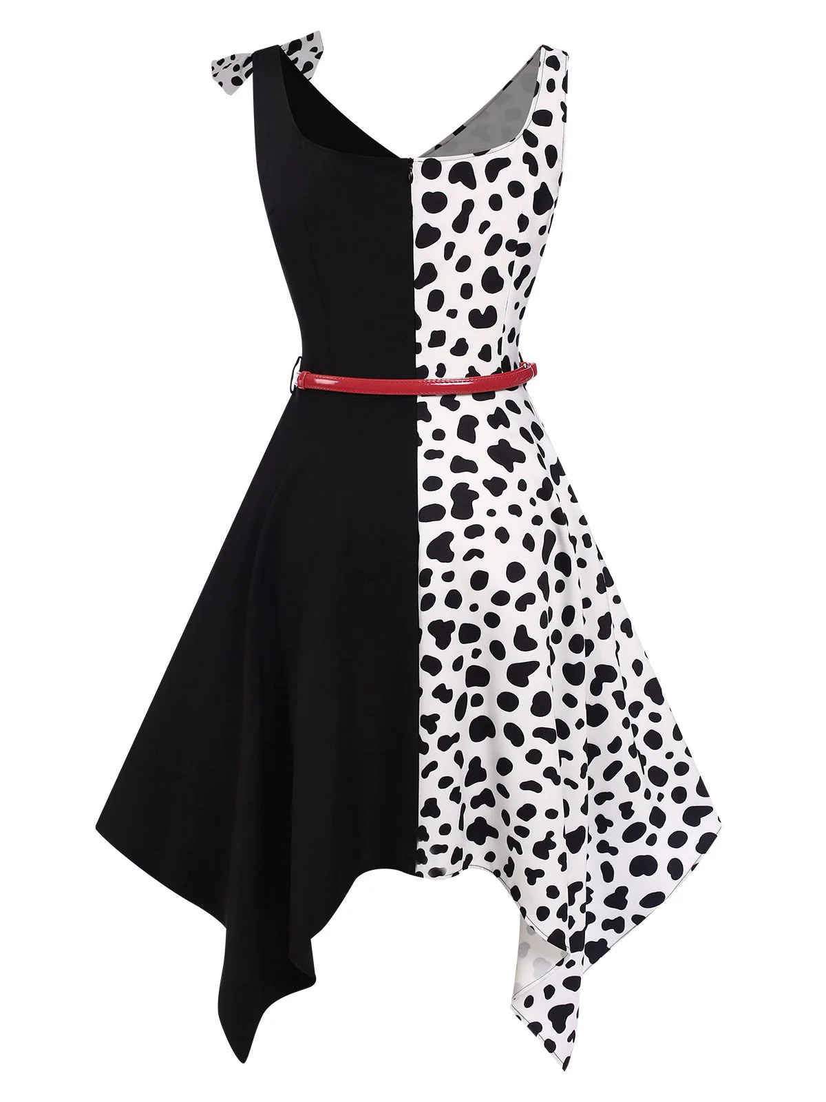 Schwarz 1970er Cruella de Vil Kostüm Kuhflecken Patchwork Kleid - Image 3