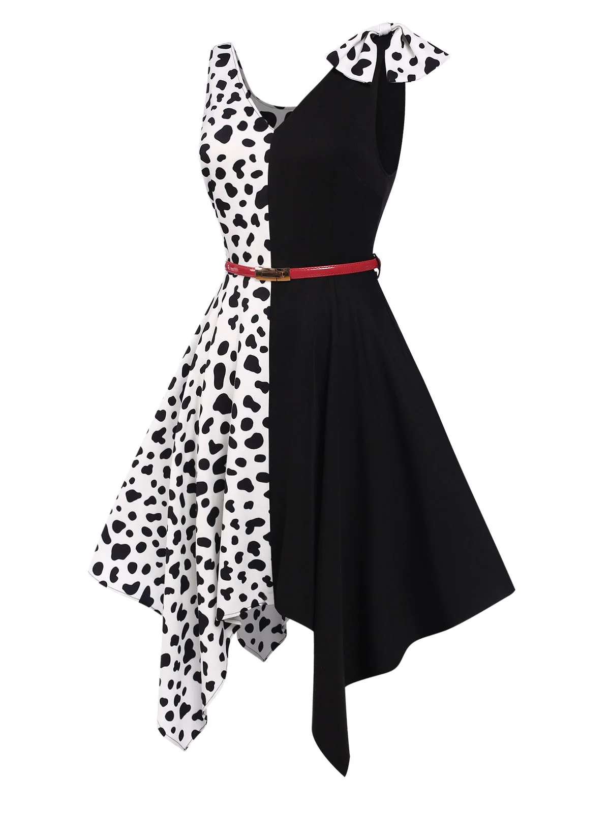 Schwarz 1970er Cruella de Vil Kostüm Kuhflecken Patchwork Kleid - Image 4