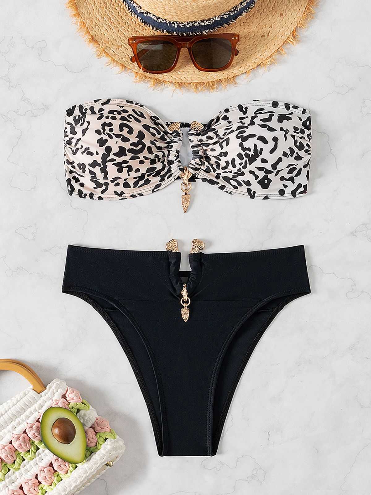 Schwarz 1970er Leopard Metall Taste Trägerlos Bikini Set - Image 3