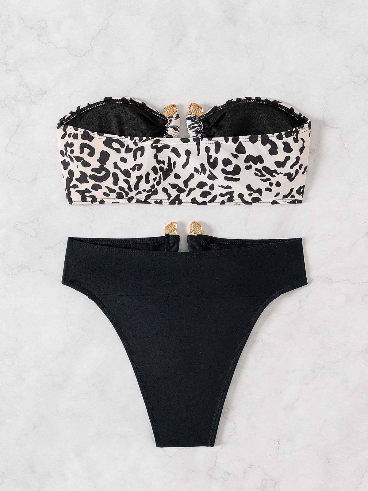 Schwarz 1970er Leopard Metall Taste Trägerlos Bikini Set - Image 4