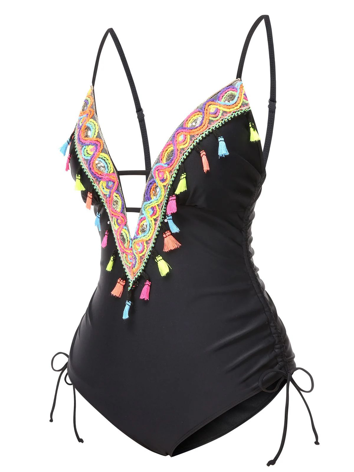 Schwarz 1970er Quaste Besticktes Strappy Badeanzug - Image 2