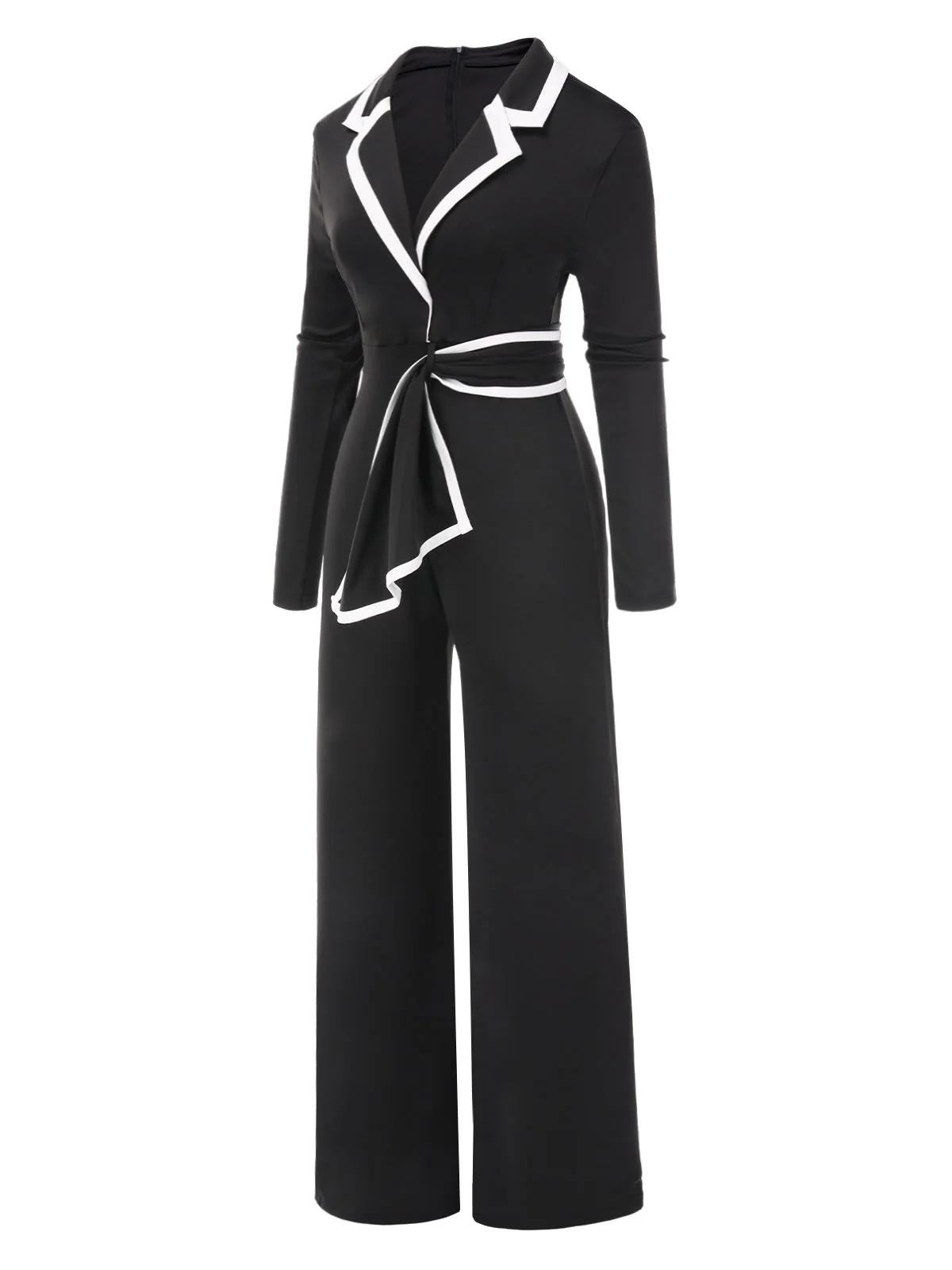 Schwarz 1970er Revers Farbblock Gürtel Jumpsuit - Image 2