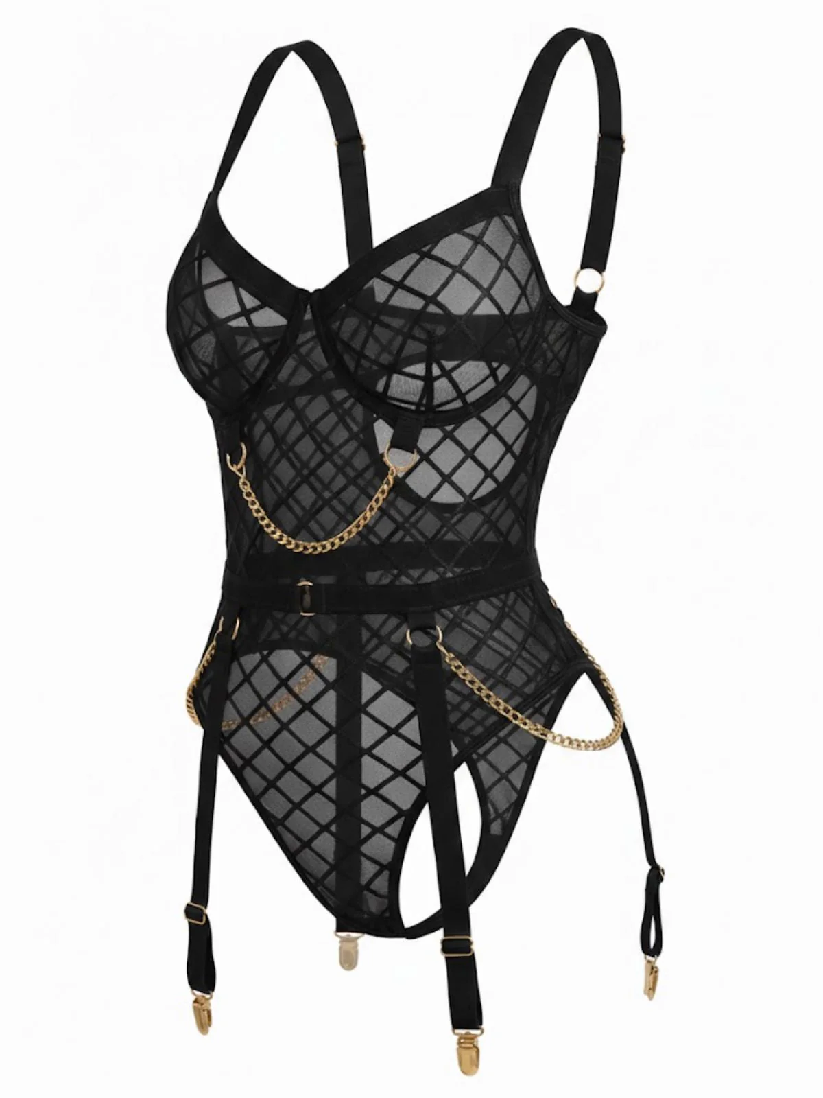 Schwarz 1970er Riemchen Ketten Akzente Durchsichtig Netz Lingerie - Image 3