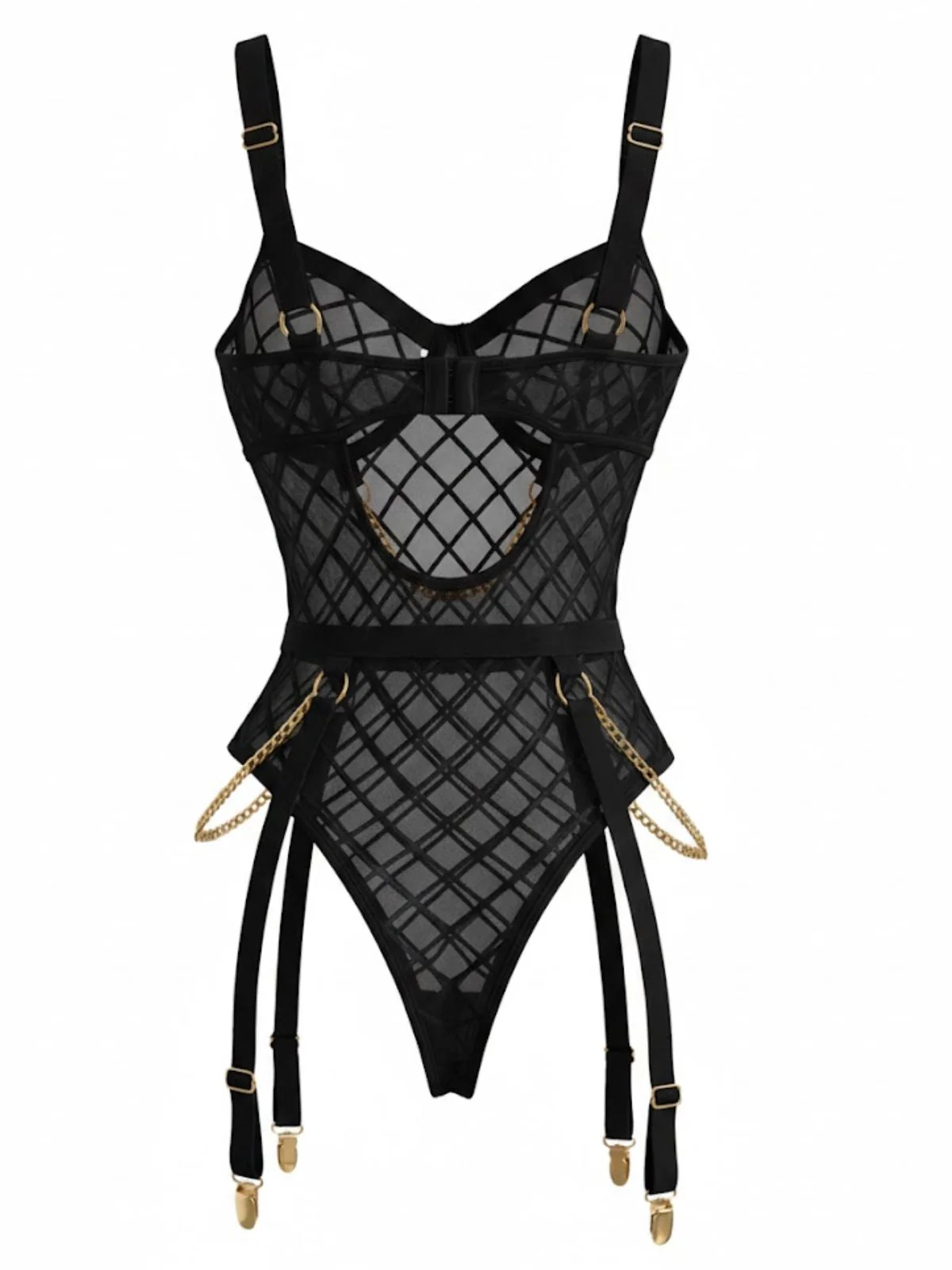 Schwarz 1970er Riemchen Ketten Akzente Durchsichtig Netz Lingerie - Image 4