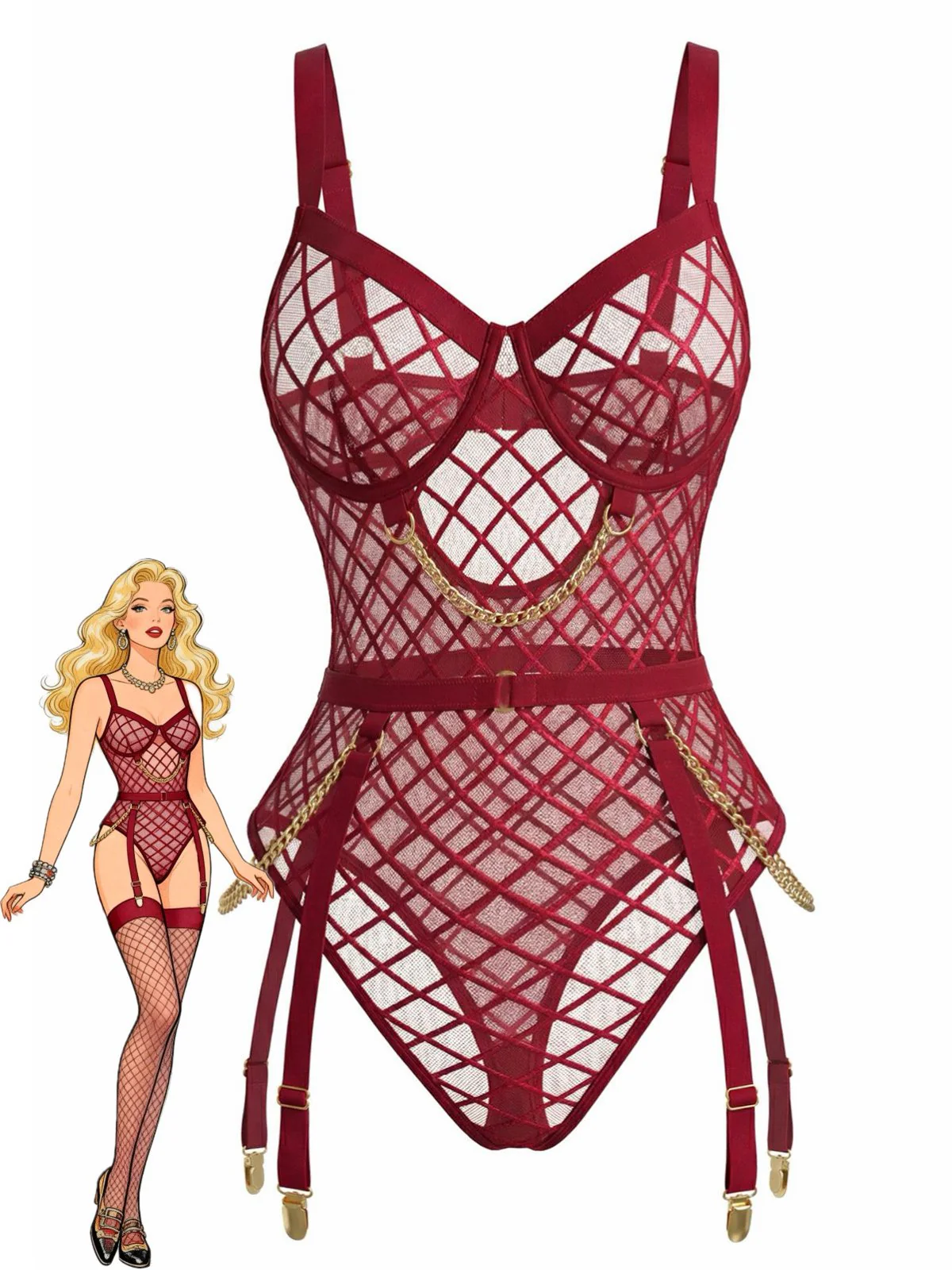 Schwarz 1970er Riemchen Ketten Akzente Durchsichtig Netz Lingerie - Image 5