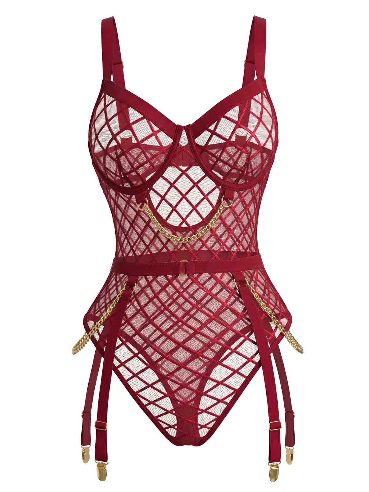Schwarz 1970er Riemchen Ketten Akzente Durchsichtig Netz Lingerie - Image 6