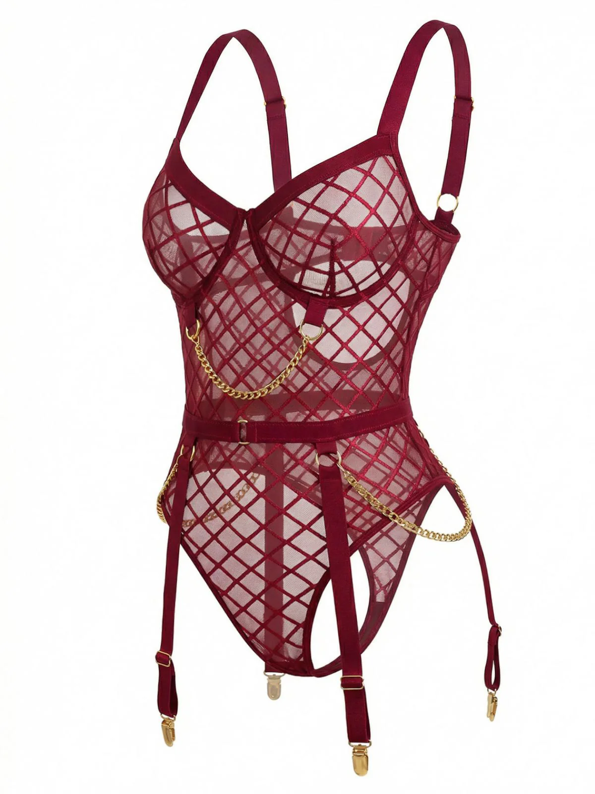 Schwarz 1970er Riemchen Ketten Akzente Durchsichtig Netz Lingerie - Image 7