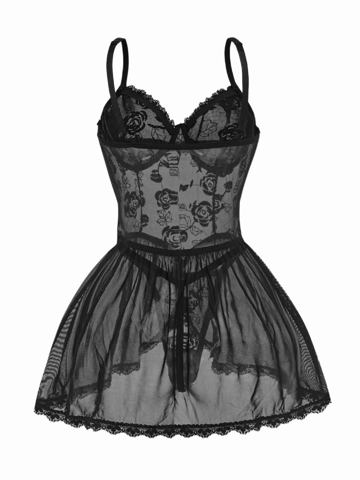 Schwarz 1970er Rose Durchsichtig Spitze Spaghettiträger Babydoll Nachthemd - Image 2