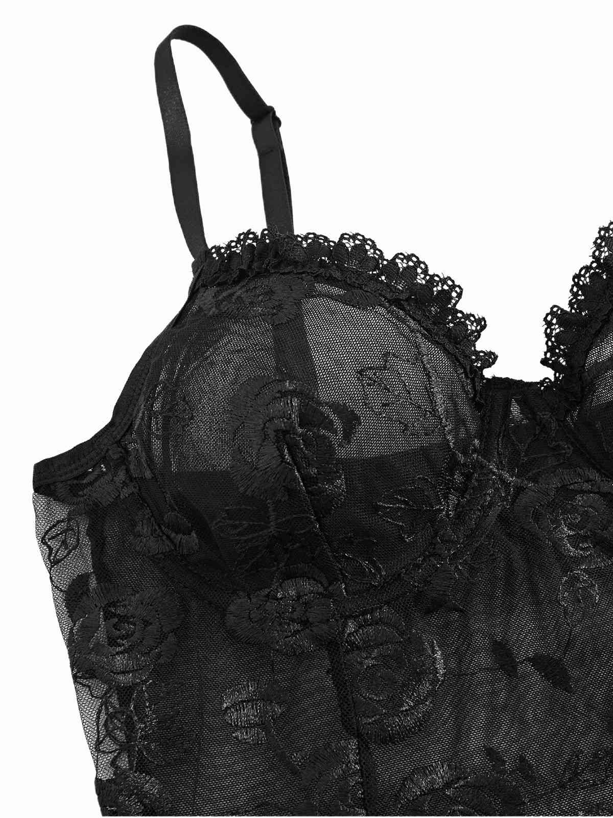 Schwarz 1970er Rose Durchsichtig Spitze Spaghettiträger Babydoll Nachthemd - Image 3