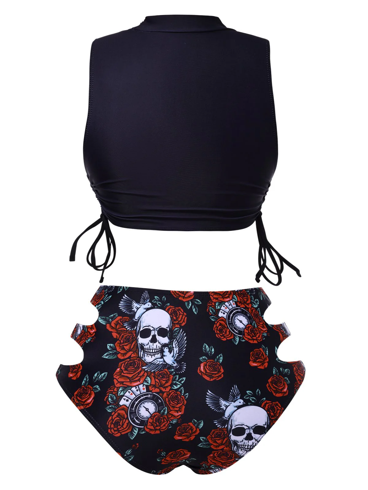 Schwarz 1970er Rose Schädel Schnürung Tankini - Image 3