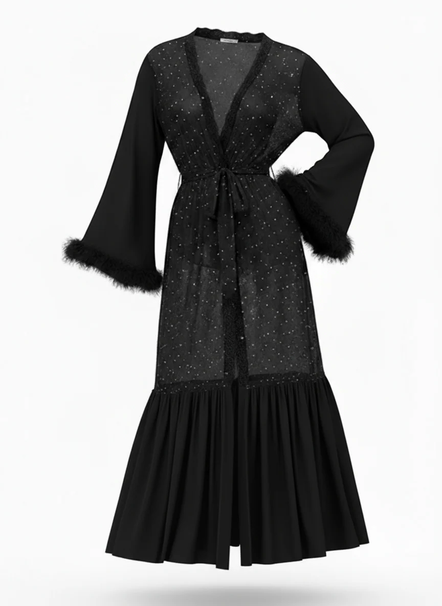 Schwarz 1970er Sheer Funkeln Netz Gürtel Bademantel - Image 2