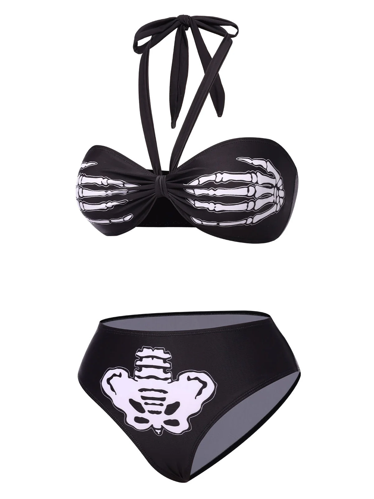 Schwarz 1970er Skeletthand Halter Bikini Set - Image 2