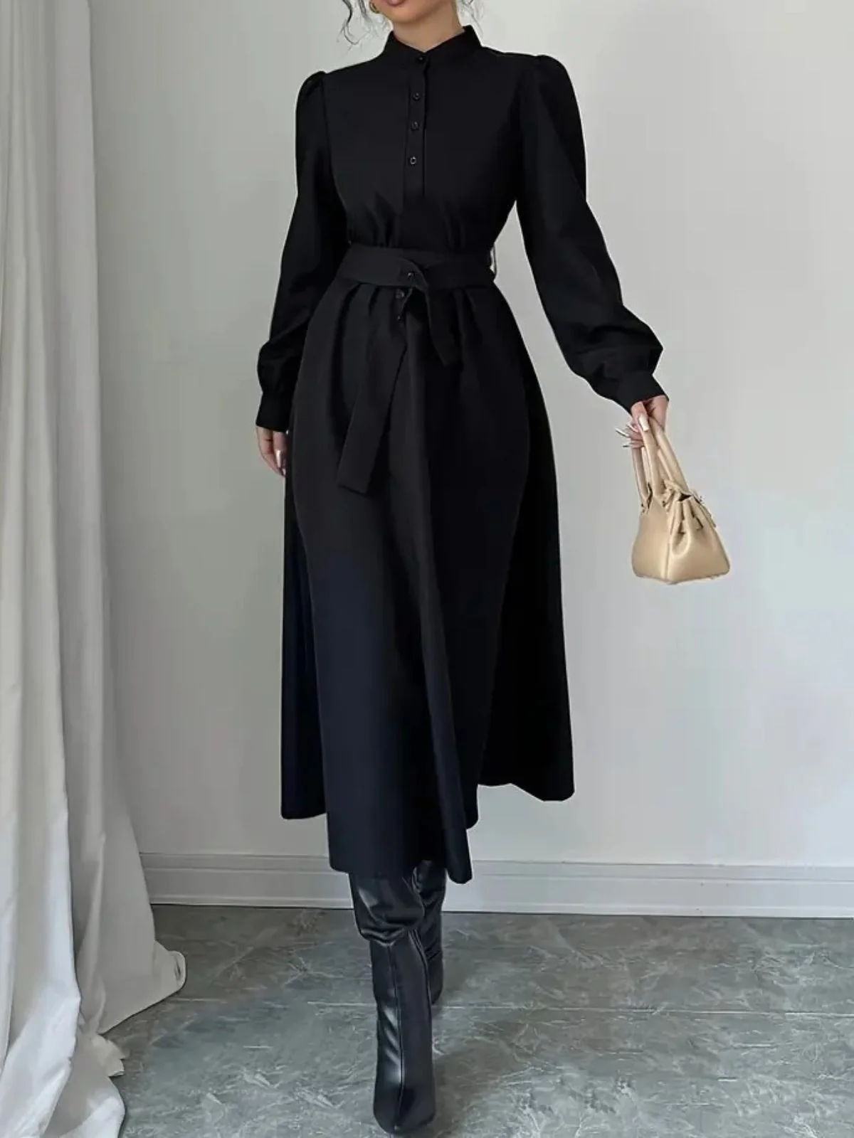 Schwarz 1970er Solide Taste Gürtel Kleid - Image 3
