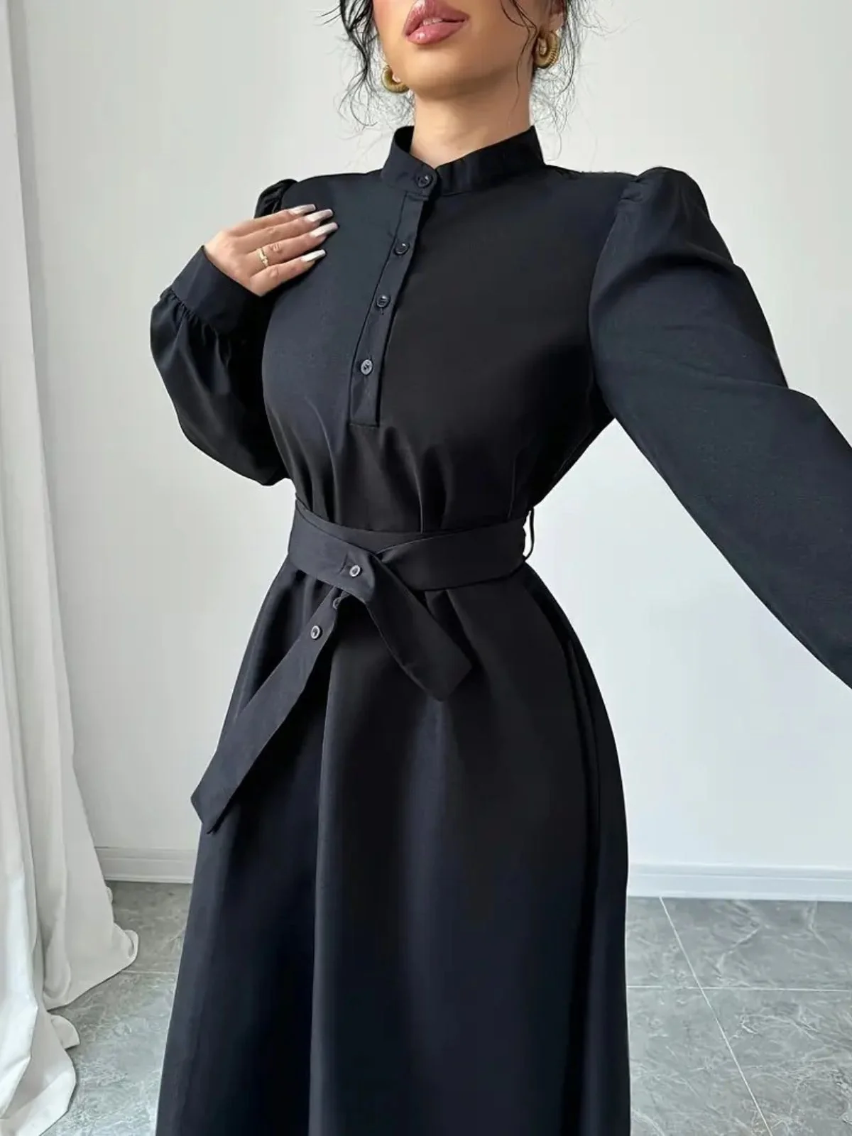 Schwarz 1970er Solide Taste Gürtel Kleid - Image 5