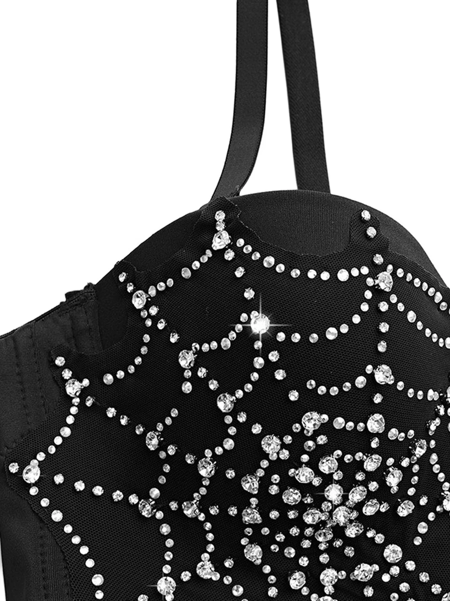 Schwarz 1970er Strassstein Spinnennetz Crop Top - Image 3