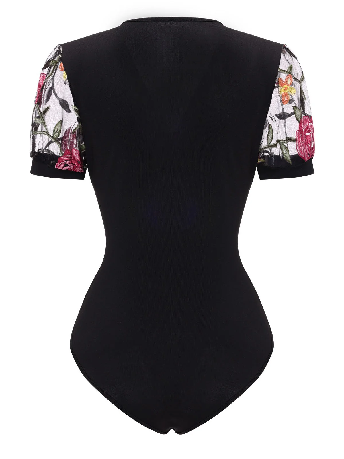 Schwarz 1970er V-Ausschnitt Bestickt Blumen Bodysuit - Image 2