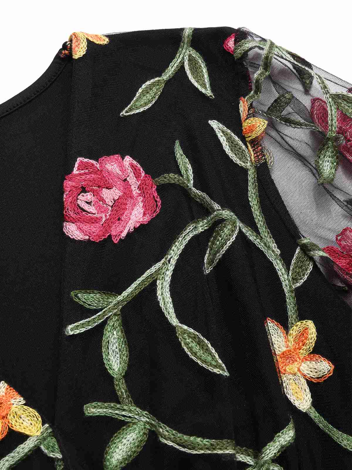 Schwarz 1970er V-Ausschnitt Bestickt Blumen Bodysuit - Image 3