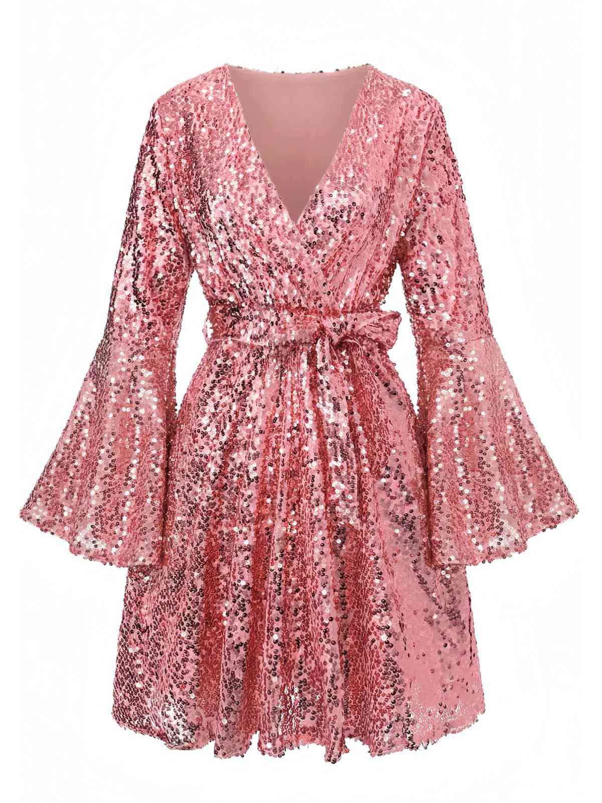 Rosa 1970er V-Ausschnitt Schlagärmel Pailletten Disco Kleid - Image 2