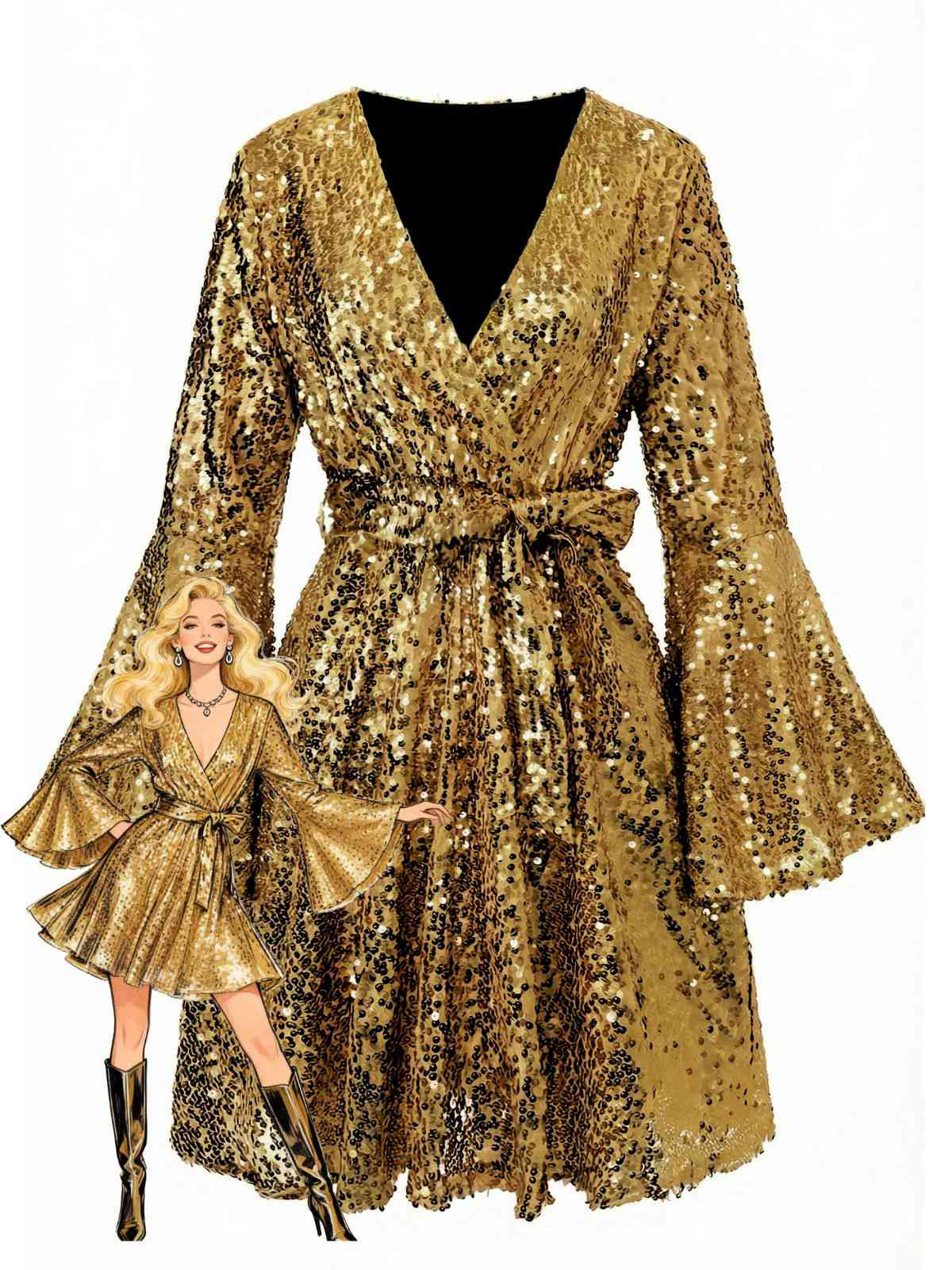 Rosa 1970er V-Ausschnitt Schlagärmel Pailletten Disco Kleid - Image 7