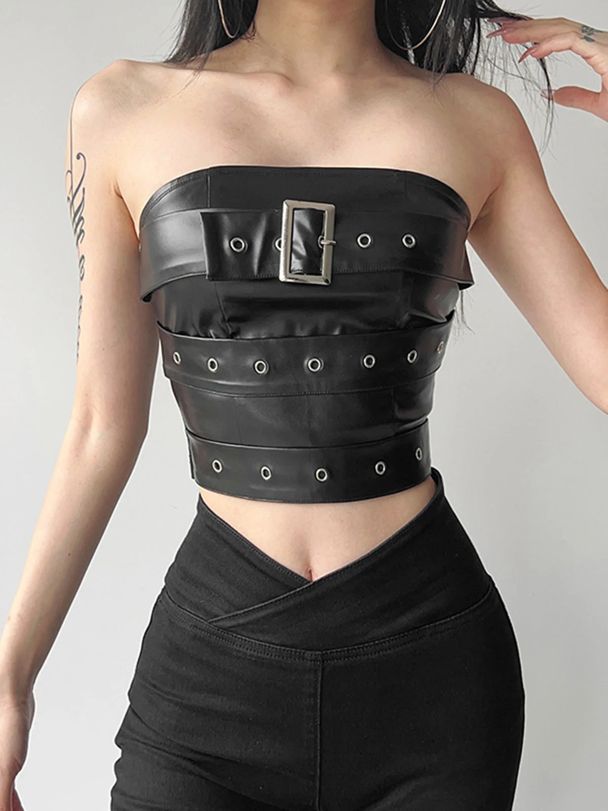 Schwarz 1980er Bandeau Punk Leder Top - Image 2