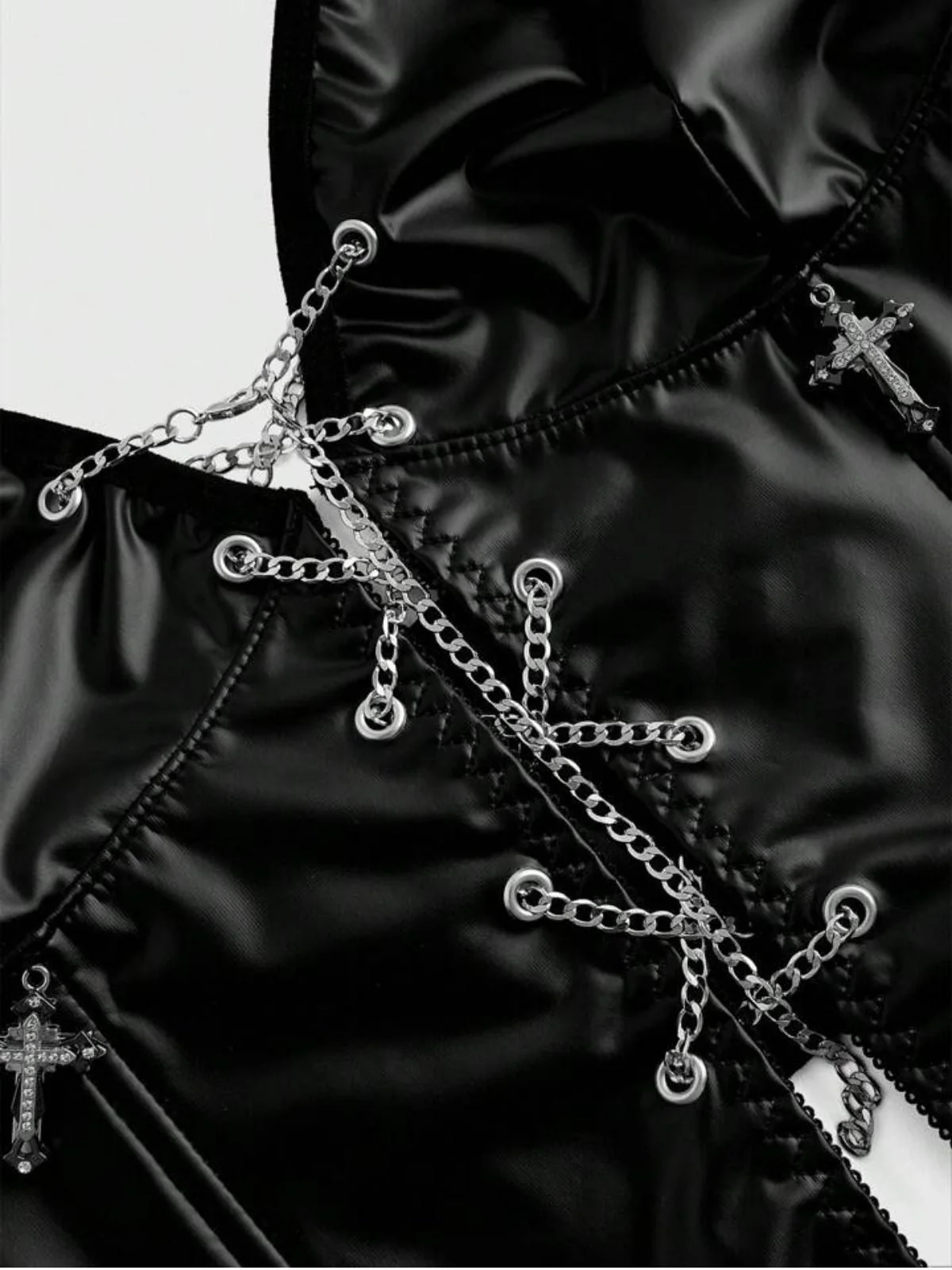 Schwarz 1980er Gothic Kreuz Kordelzug Chain Halter Korsett - Image 3