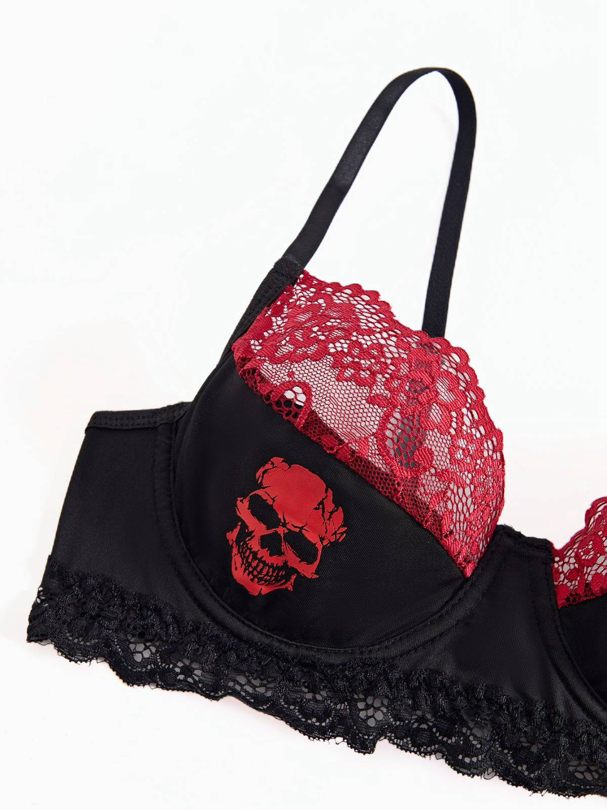 Schwarz 1980er Gothic Schädel Spitze Patchwork Crop Top - Image 3