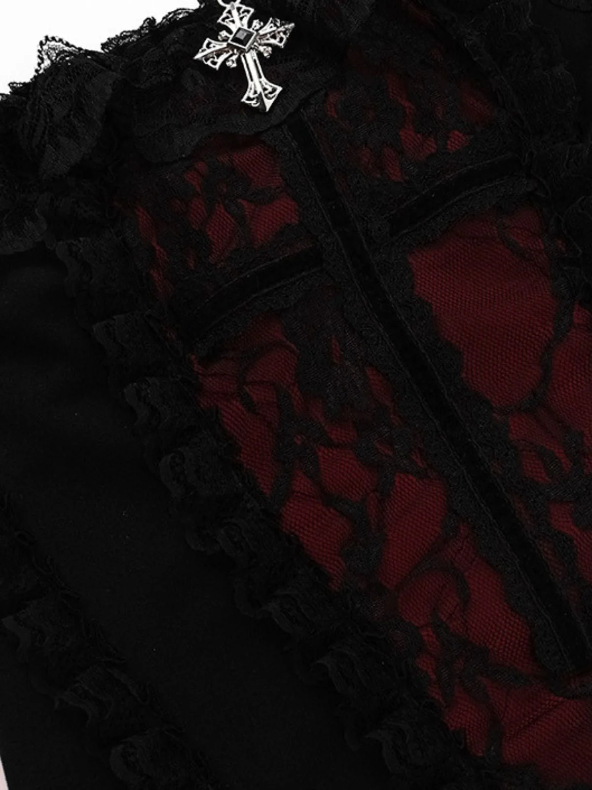 Schwarz 1980er Gothic Steampunk Halter Spitze Kreuz Camisole & Choker - Image 3