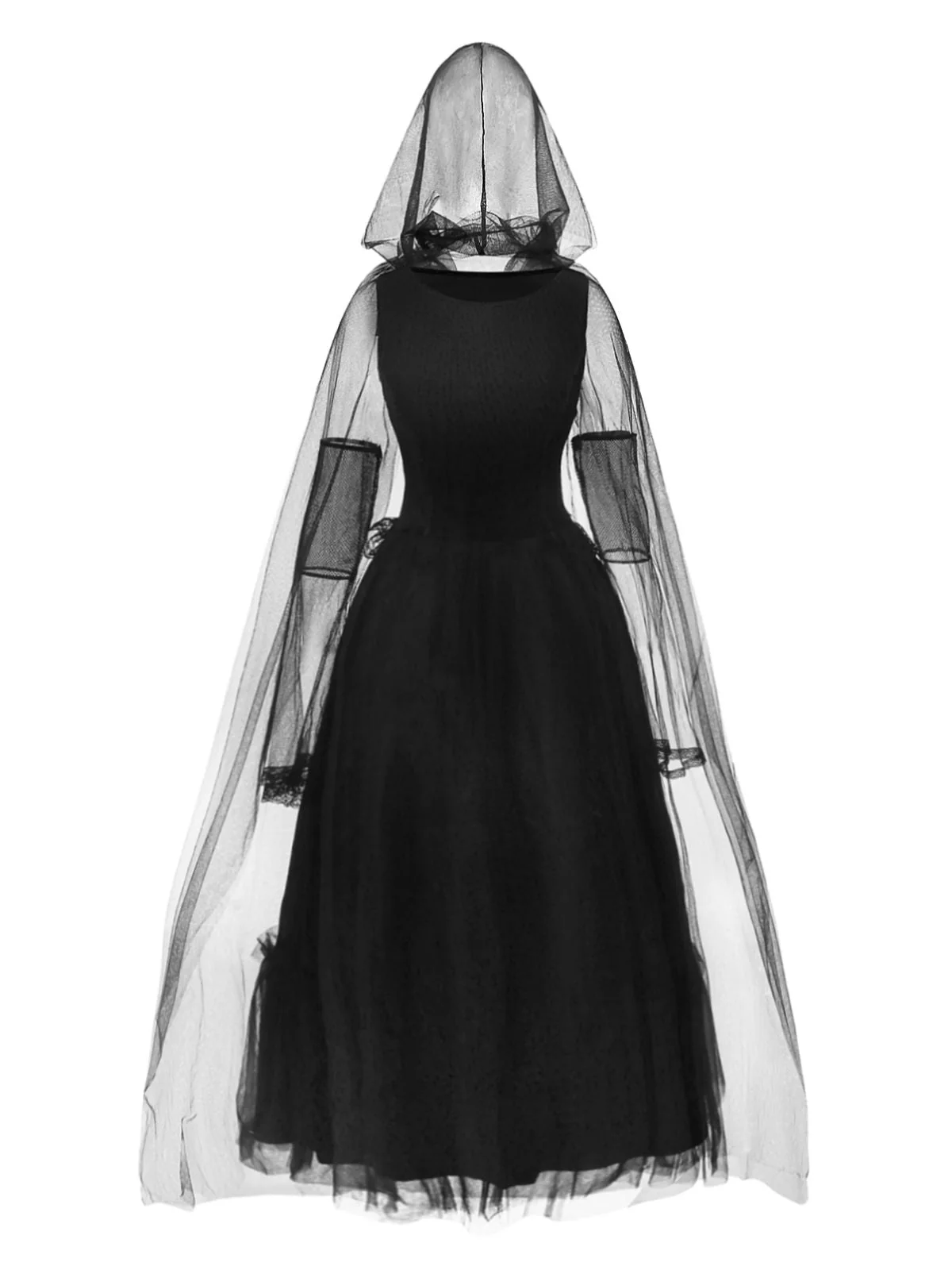 Schwarz 1980er Halloween Netz Patchwork Kleid Mit Cape - Image 2