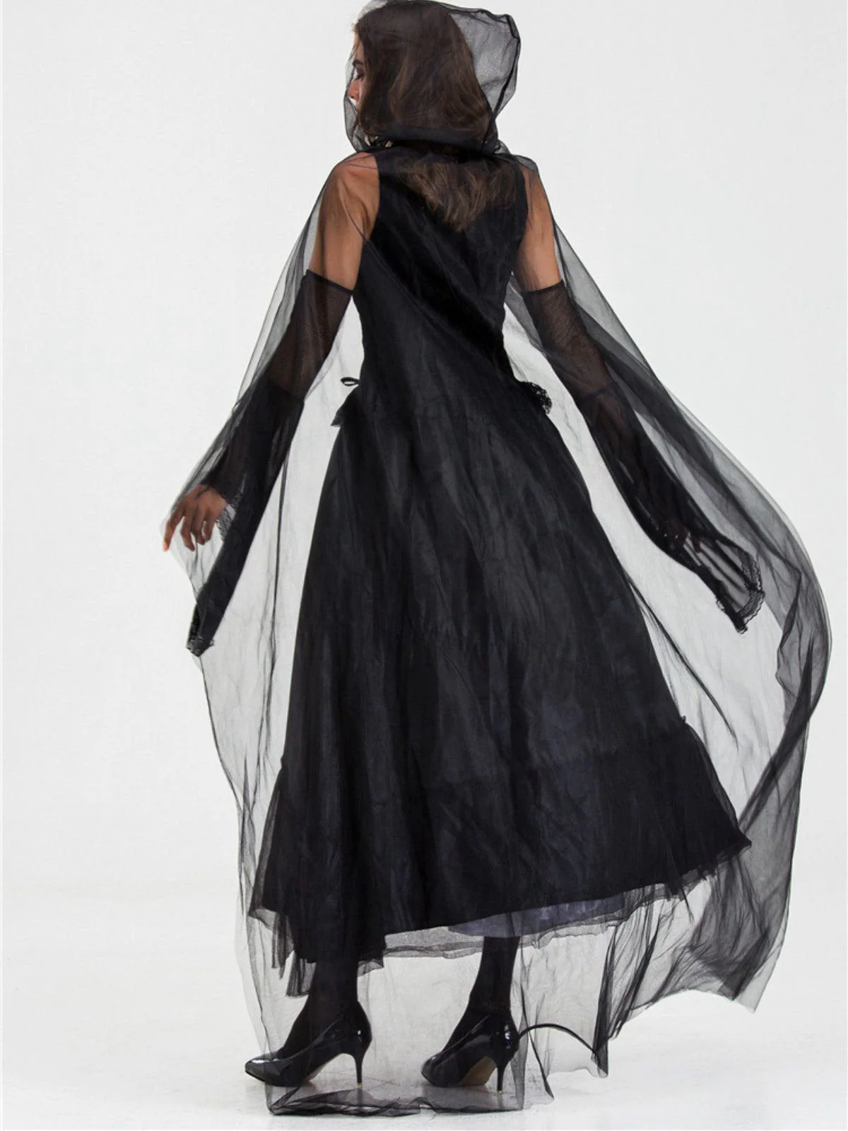 Schwarz 1980er Halloween Netz Patchwork Kleid Mit Cape - Image 3