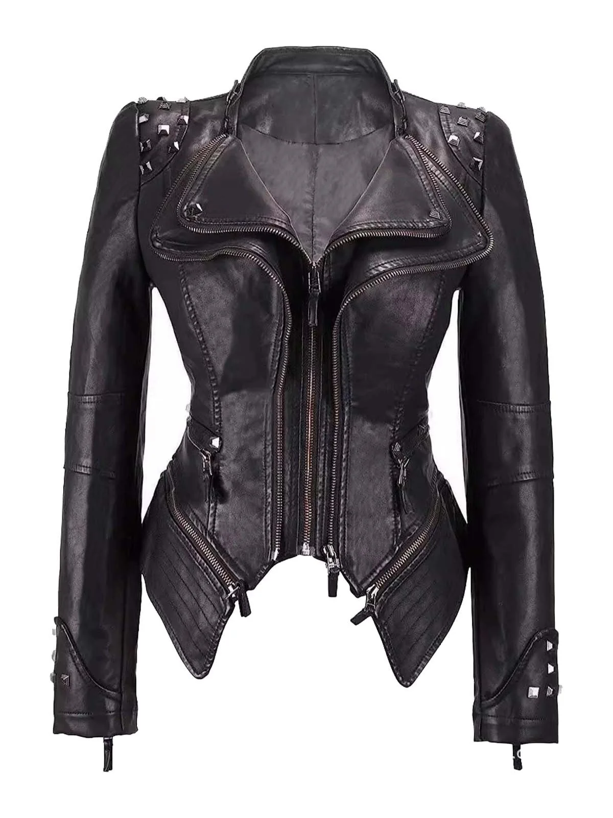 Schwarz 1980er Irregulär Saum Niet Motorrad Jacke
