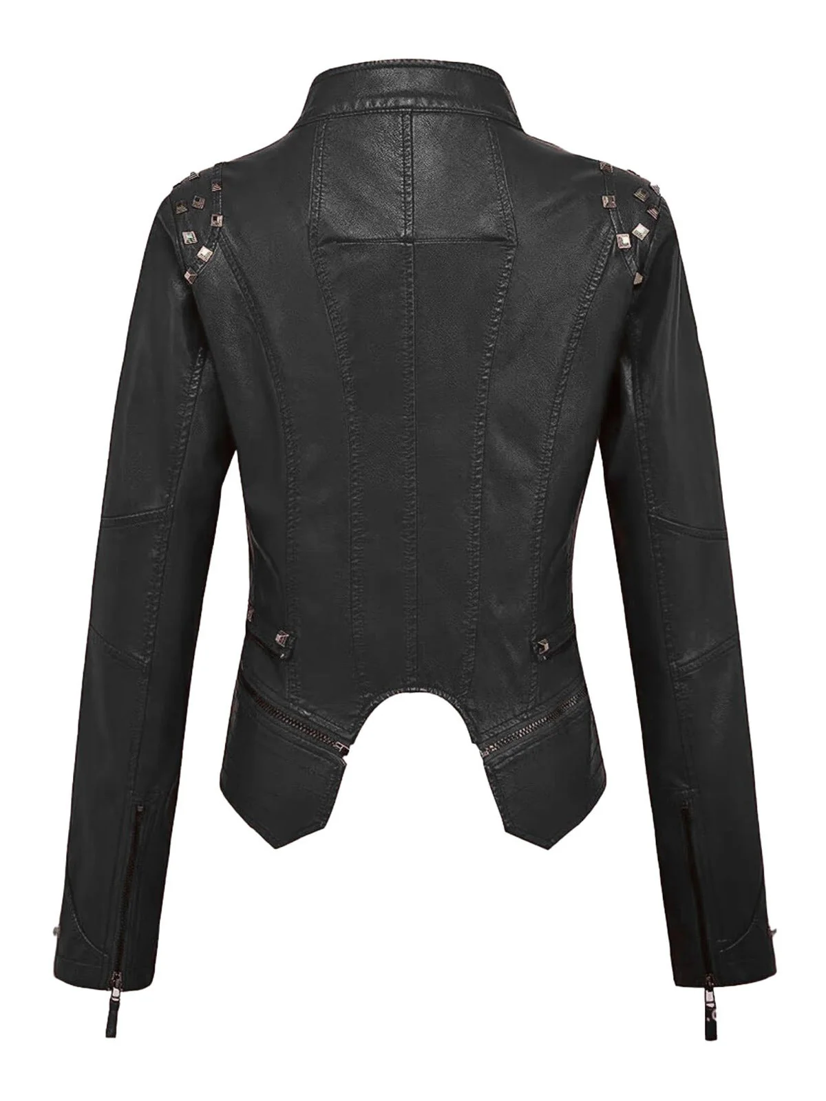 Schwarz 1980er Irregulär Saum Niet Motorrad Jacke - Image 2