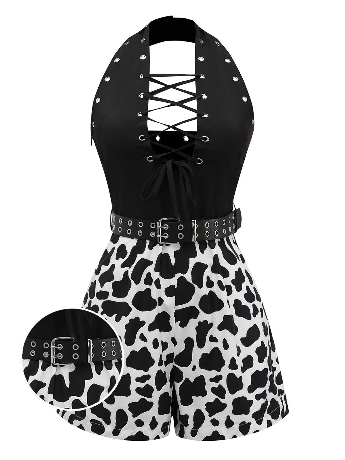 Schwarz 1980er Punk Halter Hohl Kuh-Muster Romper