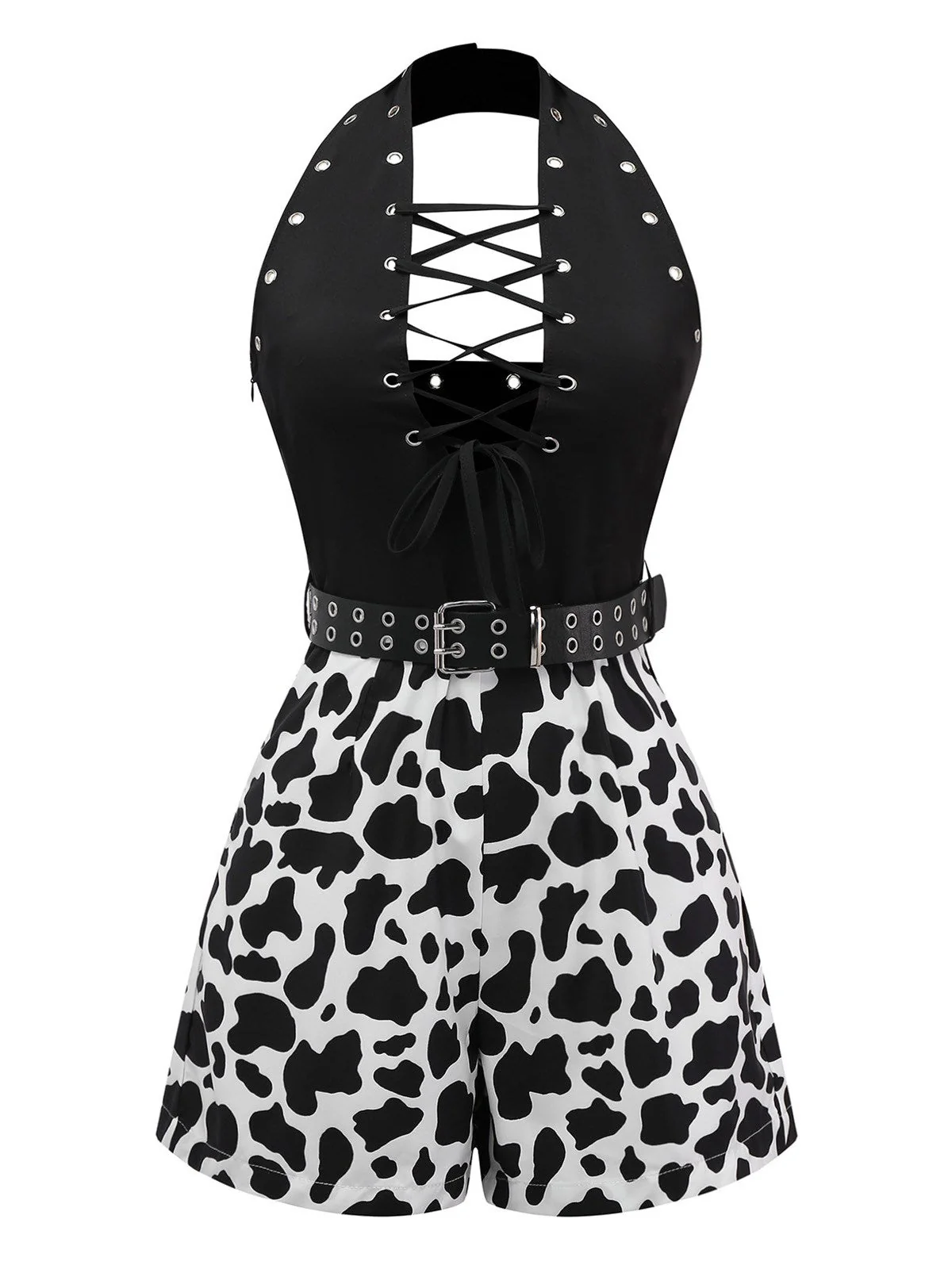Schwarz 1980er Punk Halter Hohl Kuh-Muster Romper - Image 3