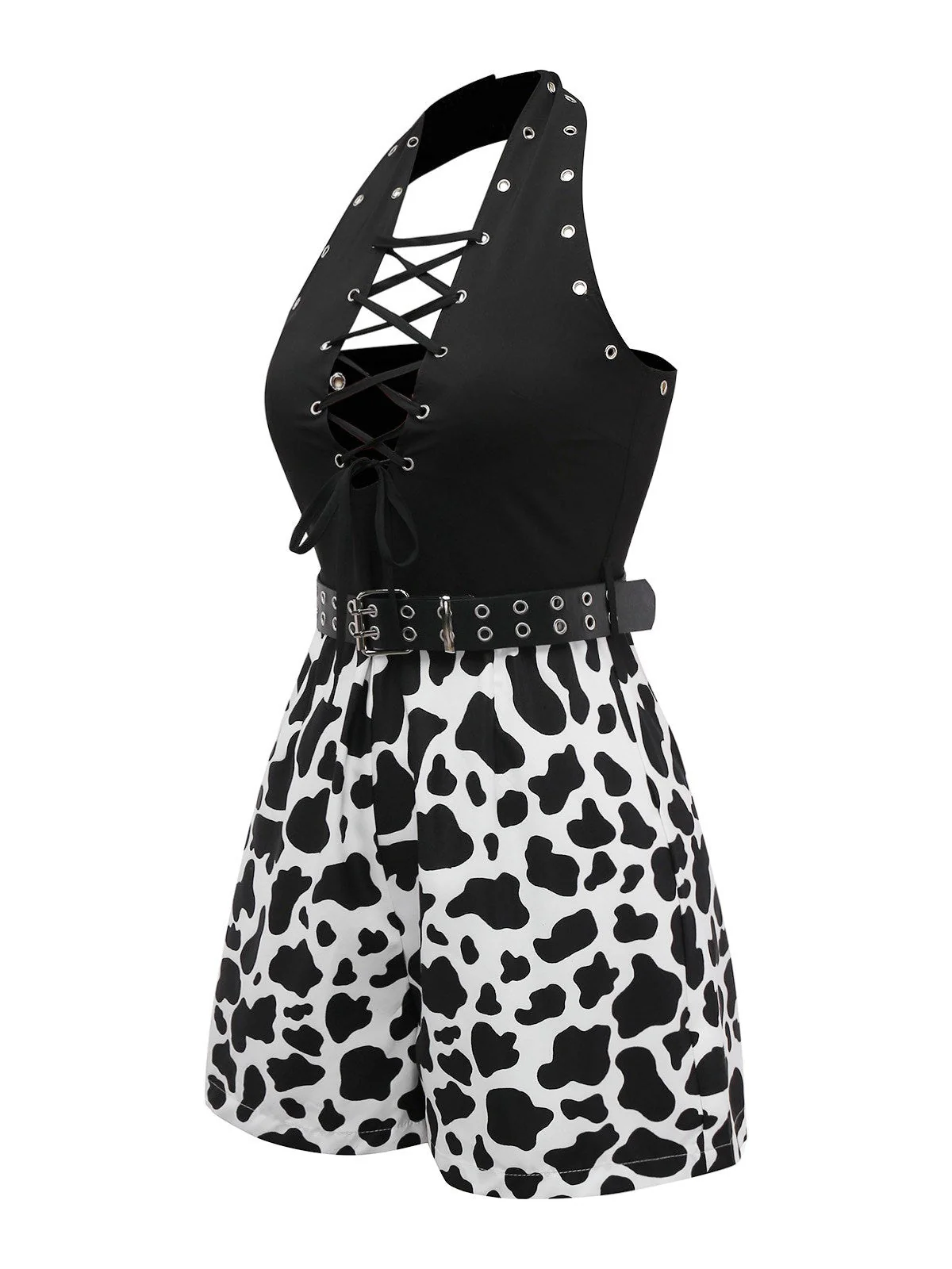 Schwarz 1980er Punk Halter Hohl Kuh-Muster Romper - Image 4