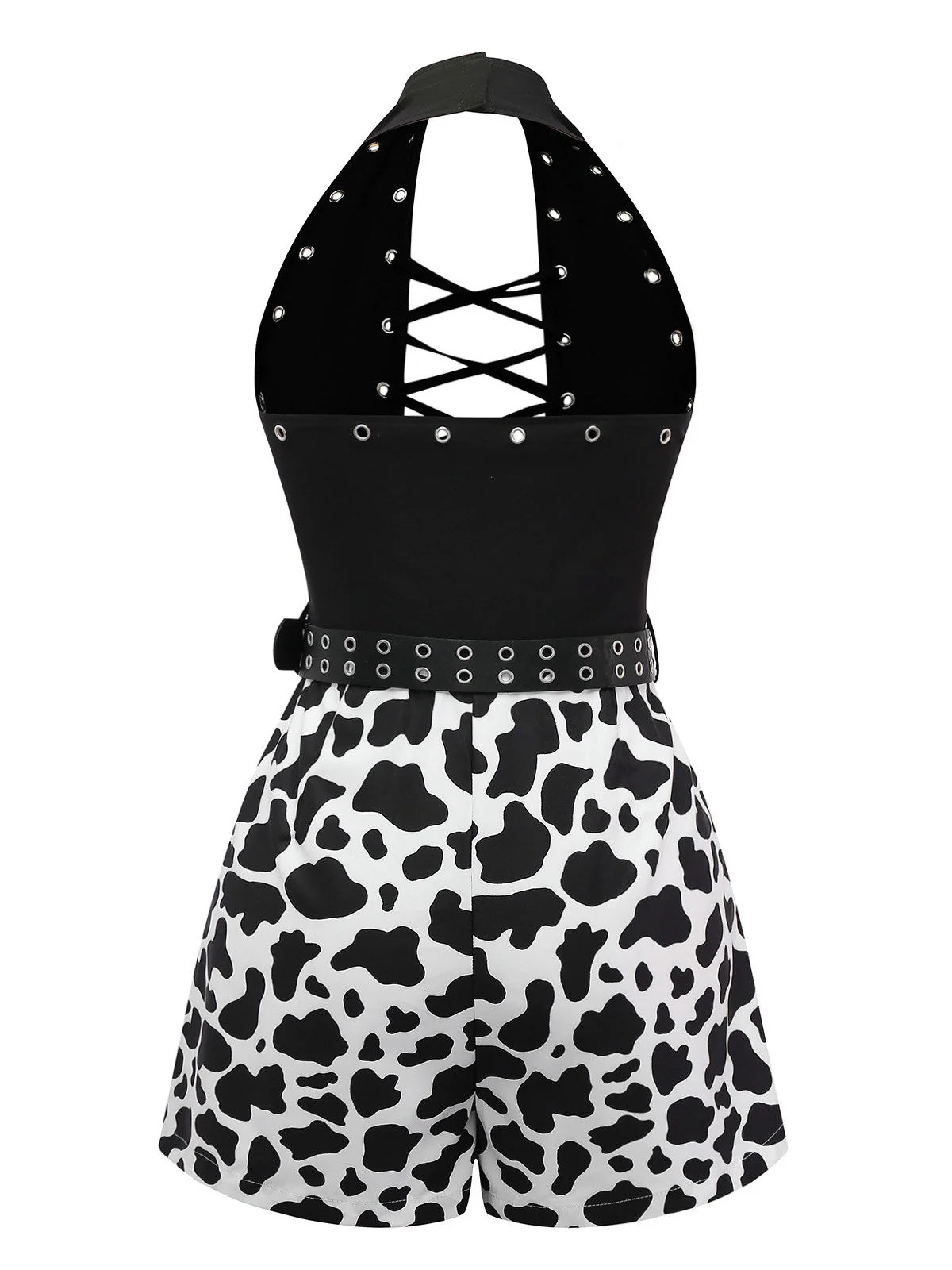 Schwarz 1980er Punk Halter Hohl Kuh-Muster Romper - Image 5