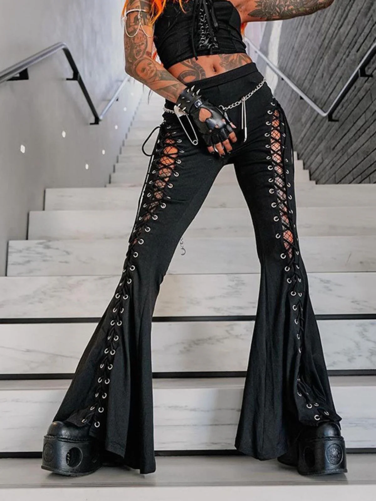 Schwarz 1980er Punk Kordelzug Geschnürt Bootcut Hose - Image 3
