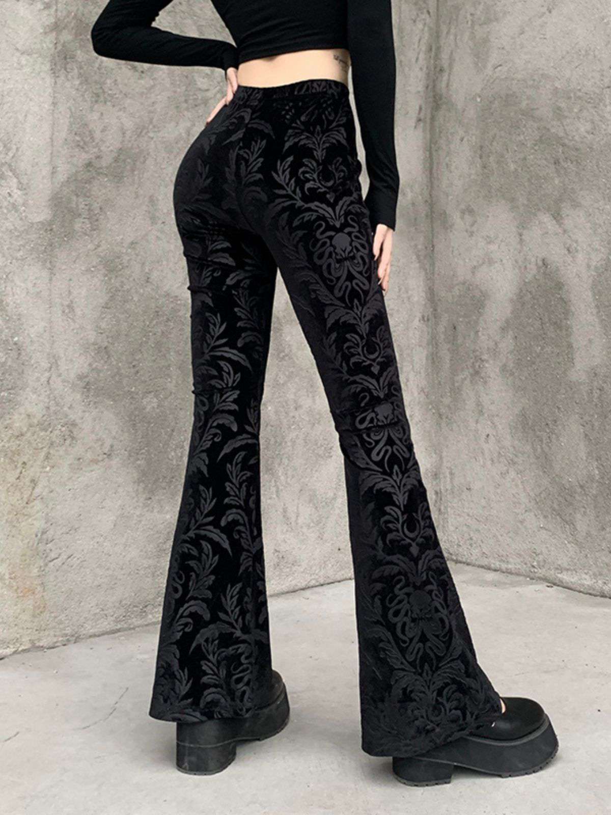 Schwarz 1980er Punk Rebe Drucken Samt Bootcut Hose - Image 3
