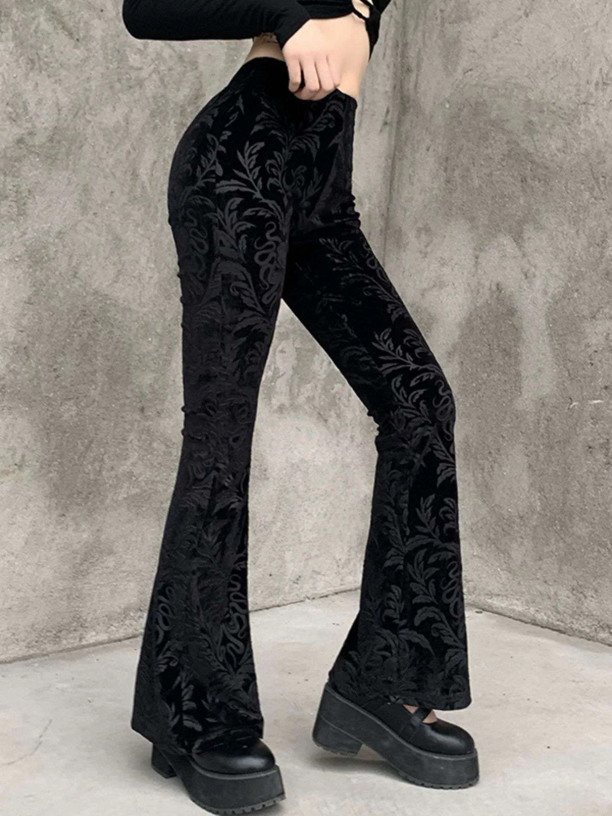 Schwarz 1980er Punk Rebe Drucken Samt Bootcut Hose - Image 4