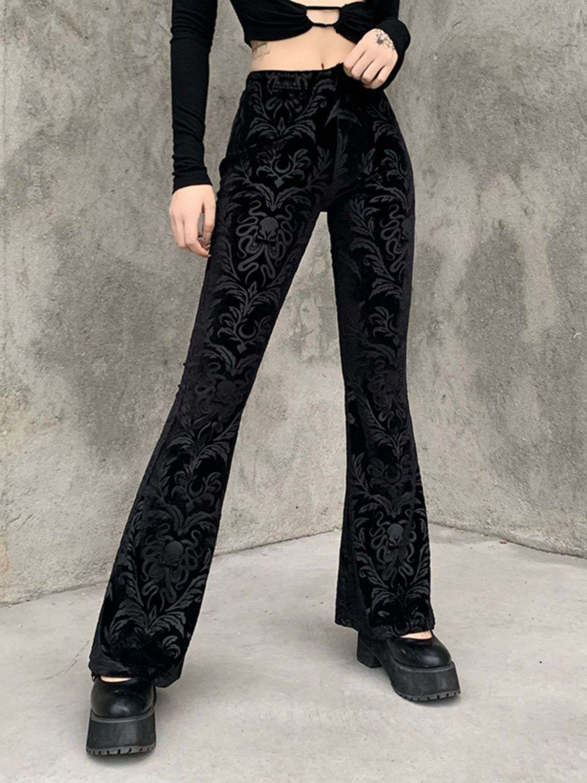 Schwarz 1980er Punk Rebe Drucken Samt Bootcut Hose - Image 5