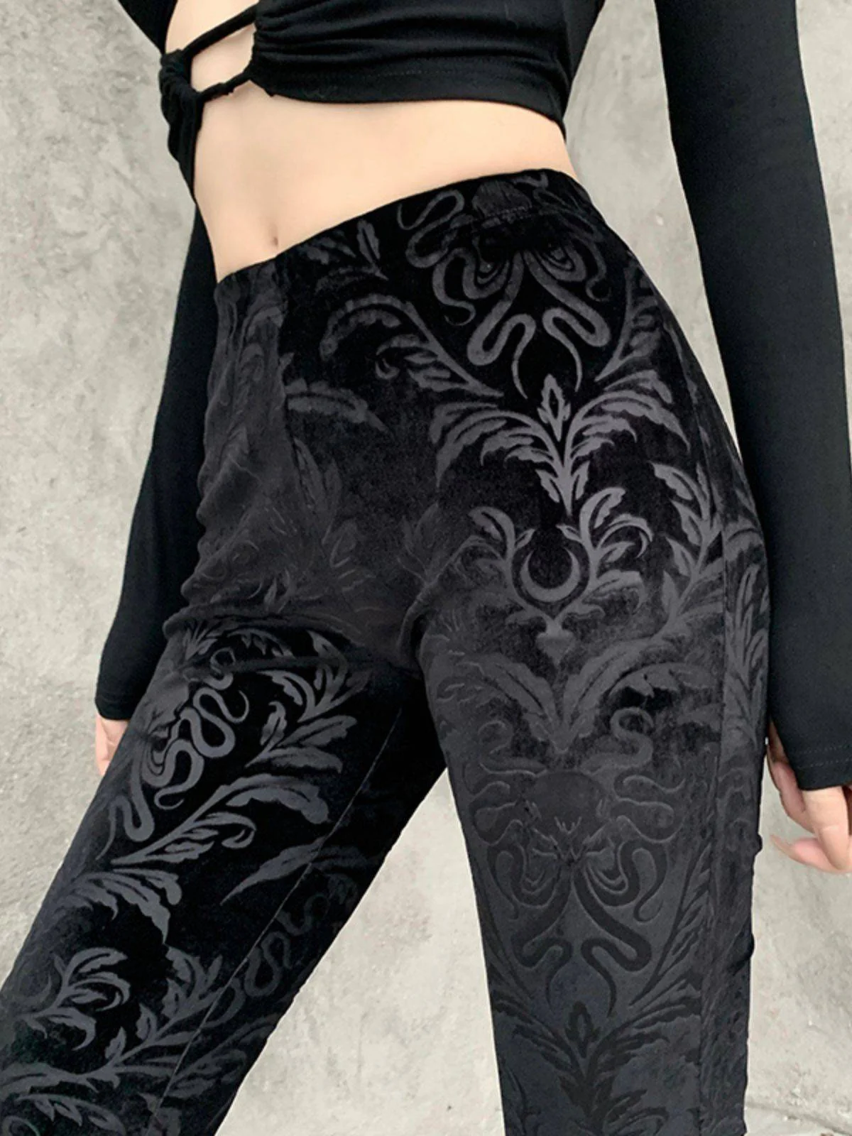 Schwarz 1980er Punk Rebe Drucken Samt Bootcut Hose - Image 6