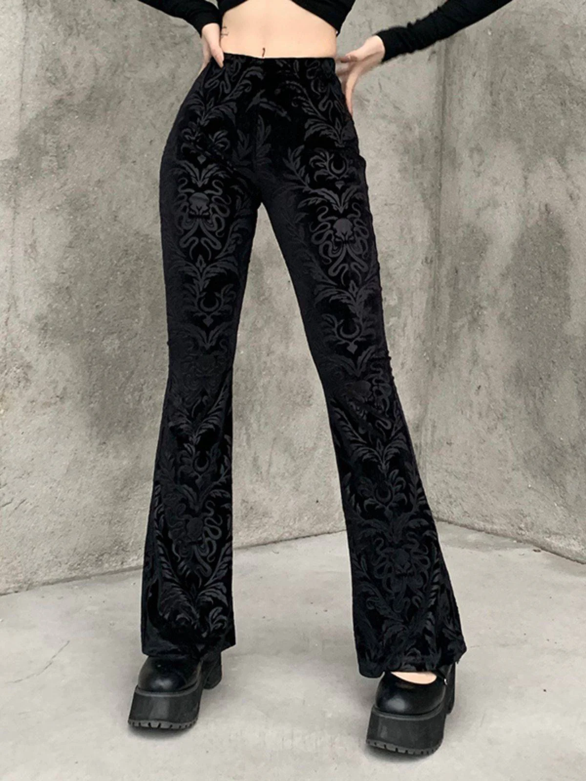 Schwarz 1980er Punk Rebe Drucken Samt Bootcut Hose - Image 7